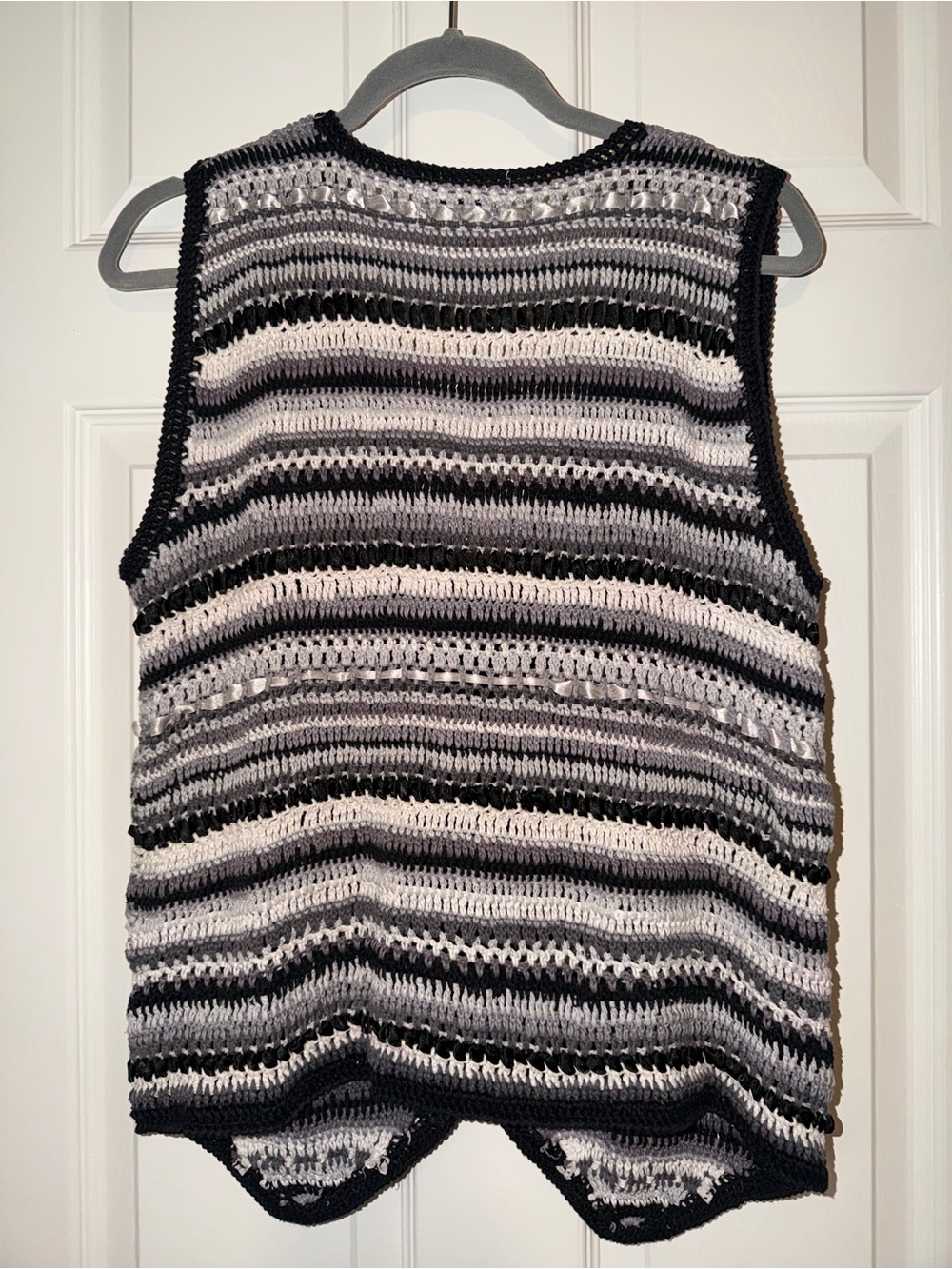 Kimberly Hunter Vintage Crochet Striped Vest With Ribbons— Black, Gray & Cream - Picture 5 of 6